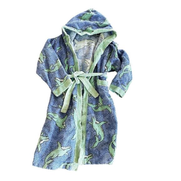 Kids Shark Print Hooded Robe - Blue and Green Dolphins with Pockets Size 6 - Picture 1 of 12